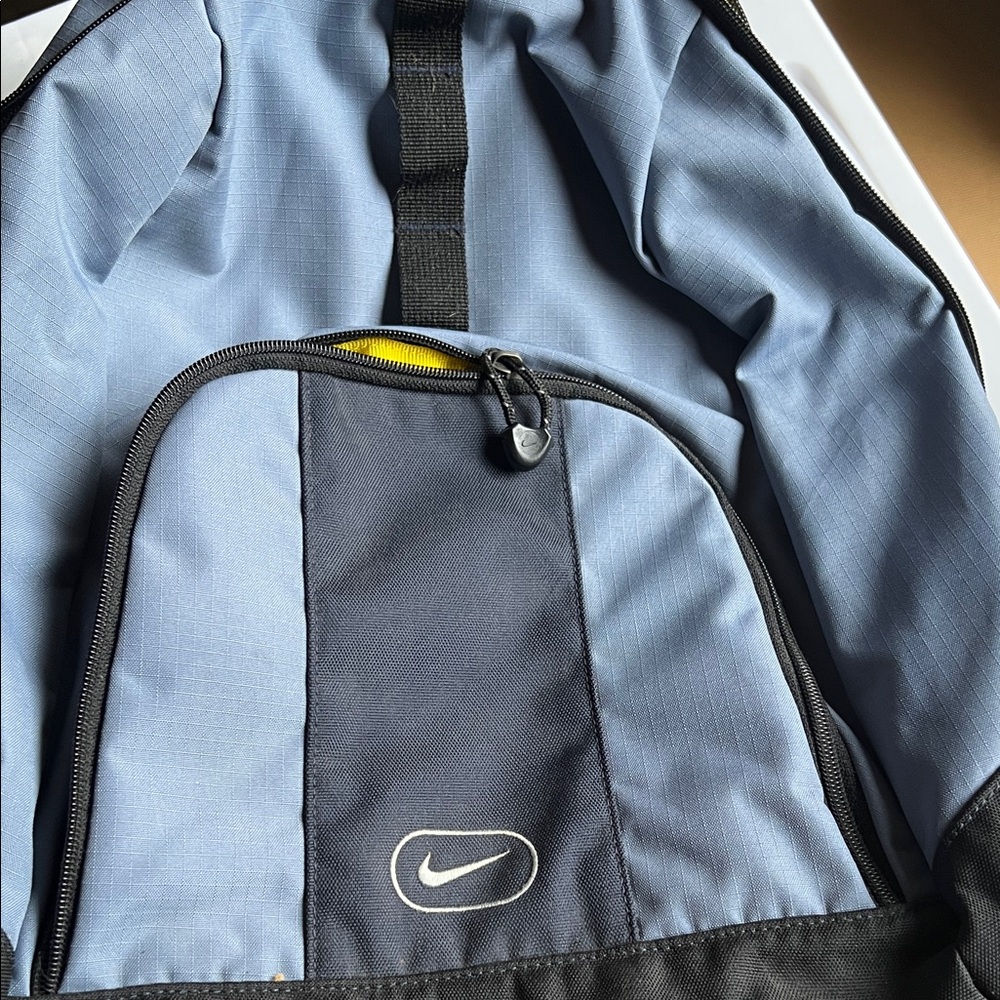 Vintage Nike Backpack Blue & Black Two-Tone with Yellow Lining